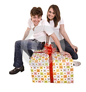 Happy man and girl with gift box.