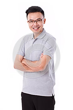 happy man with glasses and grey shirt