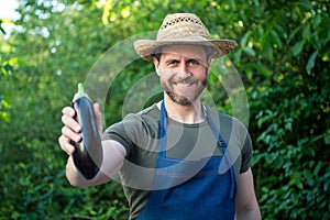 happy man greengrocer in straw hat with eggplant vegetable