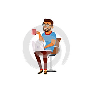 happy man has funny time with computer technology cartoon vector