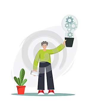 Happy man having creative idea, businesswoman standing with idea documents and light bulb above his head, startup concept