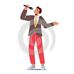 Happy Man Having Fun Singing at Karaoke Bar or Night Club. Male Character with Great Mood Having Party Performing Song
