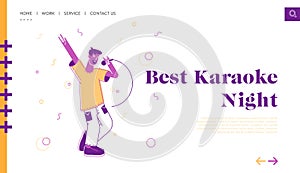 Happy Man Having Fun Singing at Karaoke Bar Website Landing Page. Male Character Have Party Performing Song