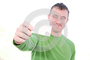 Happy Man Holding Blank Card