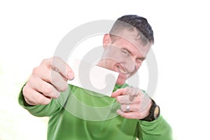 Happy Man Holding Blank Card