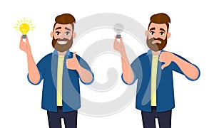 Happy man holding bright bulb and thumbs up gesture or sign. Unhappy man holding dull bulb and thumbs down gesture or sign.