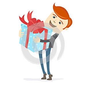 Happy man holding gift box with bow