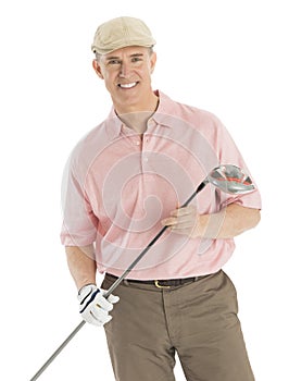 Happy Man Holding Golf Club Against White Background