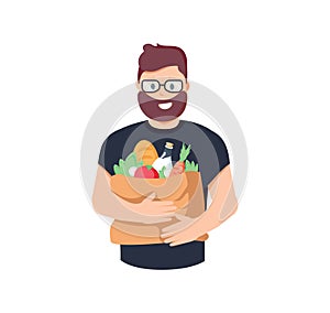 Happy man holding a grocery bag in his hands. Buyer at the supermarket. Vector illustration in cartoon style. Shopping