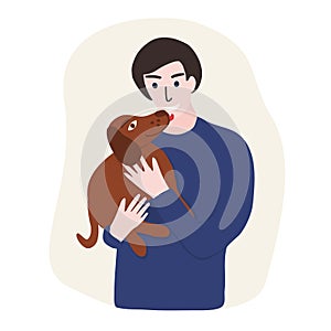 Happy man holding on hands a cute puppy dog, human and pet concept vector illustration