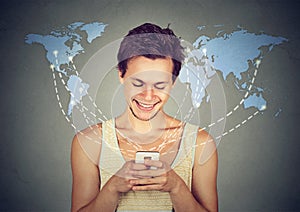 Happy man holding smartphone connected browsing internet
