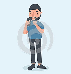 Happy man holding a smartphone flat design