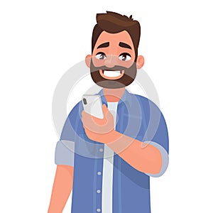 Happy man is holding a smartphone. Person and gadget. Communication in the network. Vector illustration