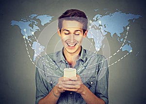 Happy man holding using smartphone connected browsing internet