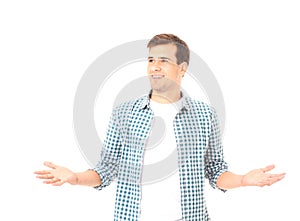 Happy man with huge possibilities. Isolated on white. Plaid t shirt. Copy space. Mock up. Student