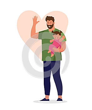 Happy man hugs a baby girl and waves his hand. Concept illustration about family, parenting, parental leave. Flat