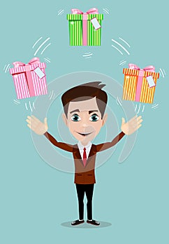 Happy man juggling gift box with bow