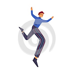 Happy man jumping or flying for fun and joy. Active carefree guy with feeling of freedom and carelessness. Colored flat photo