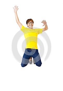 Happy man jumping and isolated on white