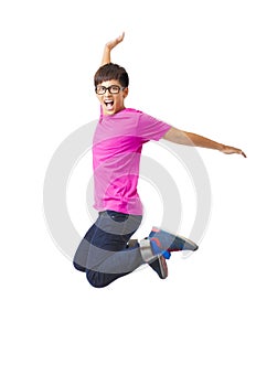 happy man jumping and isolated on white