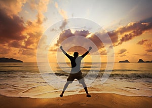 Happy man jumping over sea.