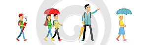 Happy Man and Kids Walking with Umbrella in Rainy Day Vector Set