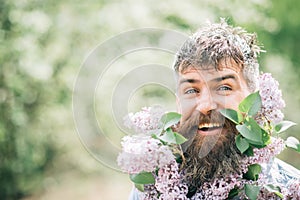 Happy man with lilac in beard. Bearded man smile with lilac flowers on sunny day. Hipster enjoy scent of spring blossom