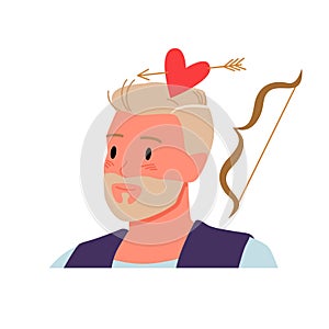 Happy man in love with arrow in heart, cupids bow above head, portrait of adult character