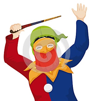 Happy man with Monocuco clothes and rod for Barranquilla`s Carnival, Vector illustration photo