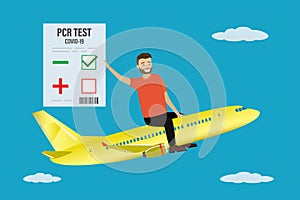 Happy man with negative PCR test for coronavirus. Male tourist sitting on aircraft. Airplane takeoff. Covid-19 prevention