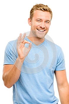 Happy man okay sign - portrait on white background