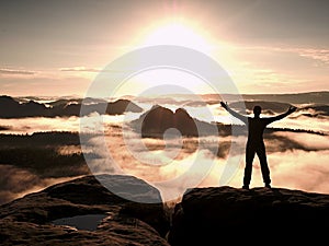 Happy man with open raised arms Gesture of triumph. Satisfy hiker silhouette