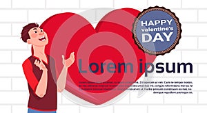Happy Man Over Red Heart Template Background With Valentines Day Emblem