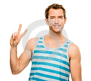 Happy man peace sign isolated white background