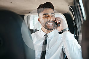 Happy man, phone call and travel in business car on tech communication, mobile networking or journey. Indian male worker