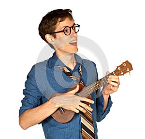 Happy Man Playing a Ukelele