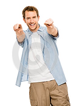 Happy man pointing white background