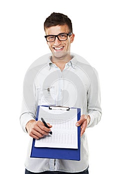 Happy, man and portrait with checklist to sign for logistics, document or technical support paperwork. Technician, face