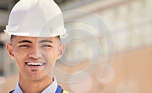 Happy, man and portrait of construction inspection of building, site or industrial development with safety. Industry