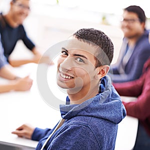 Happy, man and portrait in meeting with team, workspace and web development for programming. Information, technology and