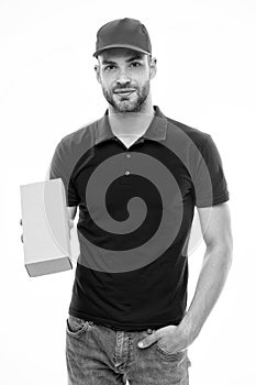 Happy man with post package isolated white. Delivering your purchase. Gifts for holidays. Courier service delivery