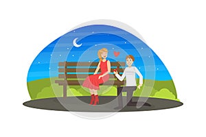 Happy Man Proposing Marriage to Beautiful Woman, Smiling Man Kneeling Down with Ring in Park at Night, Loving Couple on