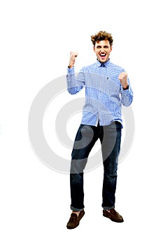 Happy man with raised hands up