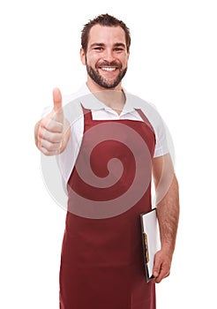 Happy man with red apron