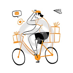 Happy man riding a bicycle carrying gift boxes love and miss concept