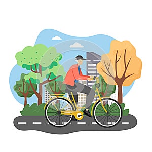 Happy man riding bicycle, flat vector illustration. Eco friendly city transport. Active and healthy lifestyle.