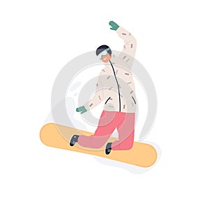 Happy man riding snowboard. Smiling snowboarder in helmet and glasses jumping with snow board. Extreme winter sport