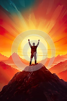 happy man rise hand at mountain peak at sunset, goal achievement and challenge success concept, hiker at cliff