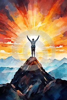 happy man rise hand at mountain peak at sunset, goal achievement and challenge success concept, hiker at cliff
