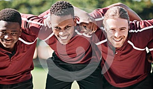 Happy man, rugby and team in huddle, scrum or playoffs on outdoor field together in nature. Group portrait of sporty